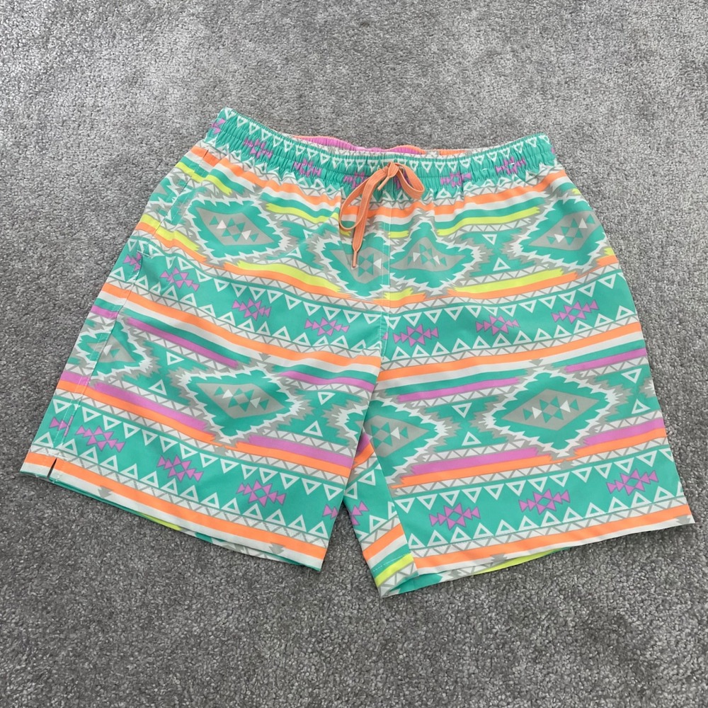 Chubbies Swim Trunks Mens Large 7" Inseam Teal Tribal Geometric Beach Aztec